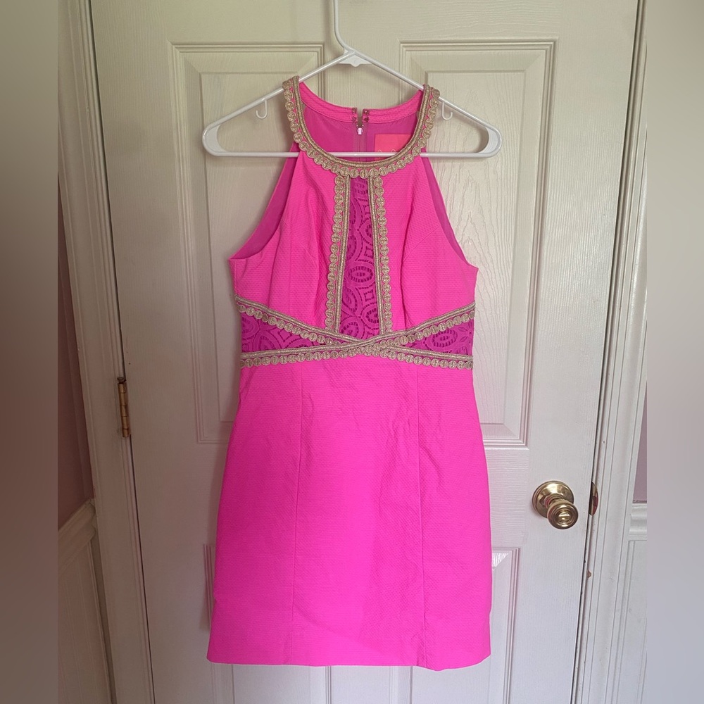 Lilly Pulitzer Vibrant Pink Dress with Gold Detailing. Size 2
